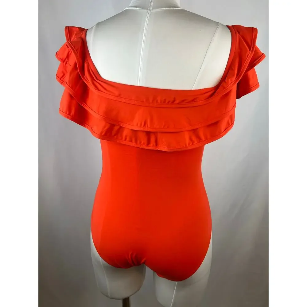 Kate Spade Palm Beach Ruffle Off Shoulder One Piece Swimsuit Tomato Red M